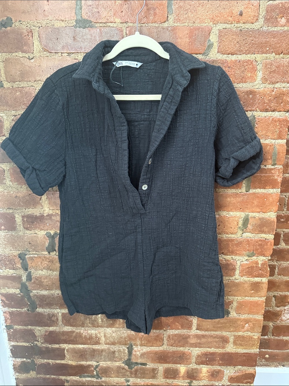Zara Black Gauze Button-Front Short Sleeve Shirt